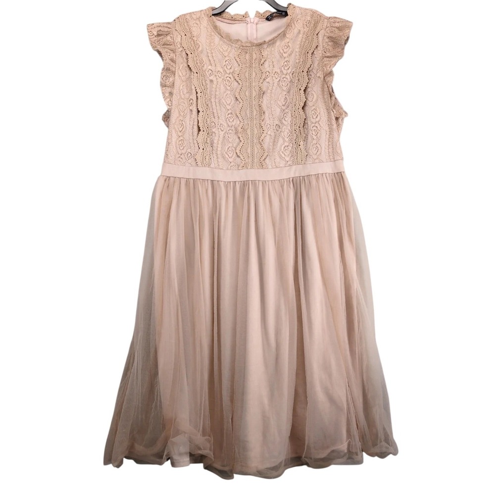 Simplee Plus Lace Chiffon Dress Size 3XL Rose Beige Flutter Sleeve Midi Lined